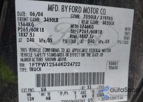 2004 Ford F-150 Lariat/Xlt z USA, uszkodzony, nr VIN 1FTPW12544KD24722